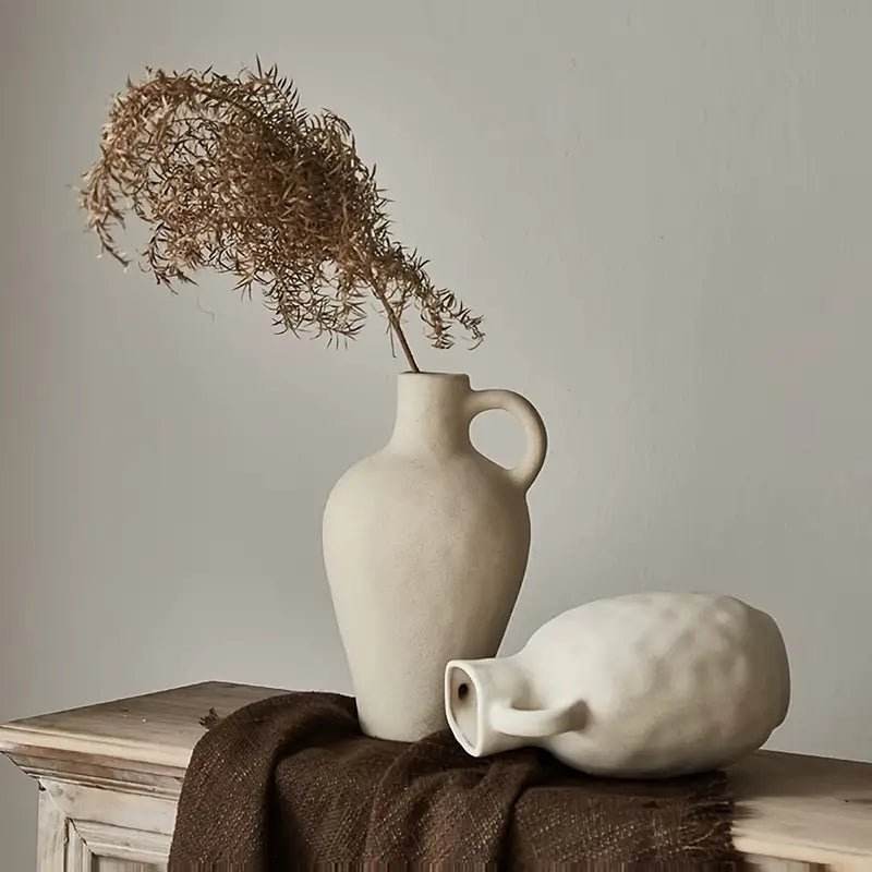 1pc Ceramic Rustic Farmhouse Vase With Handle - Urban Lifestyle Furniture