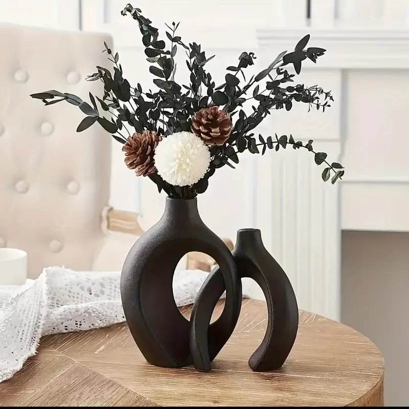 2pcs Boho Style Ceramic Vase Set, Black - Urban Lifestyle Furniture