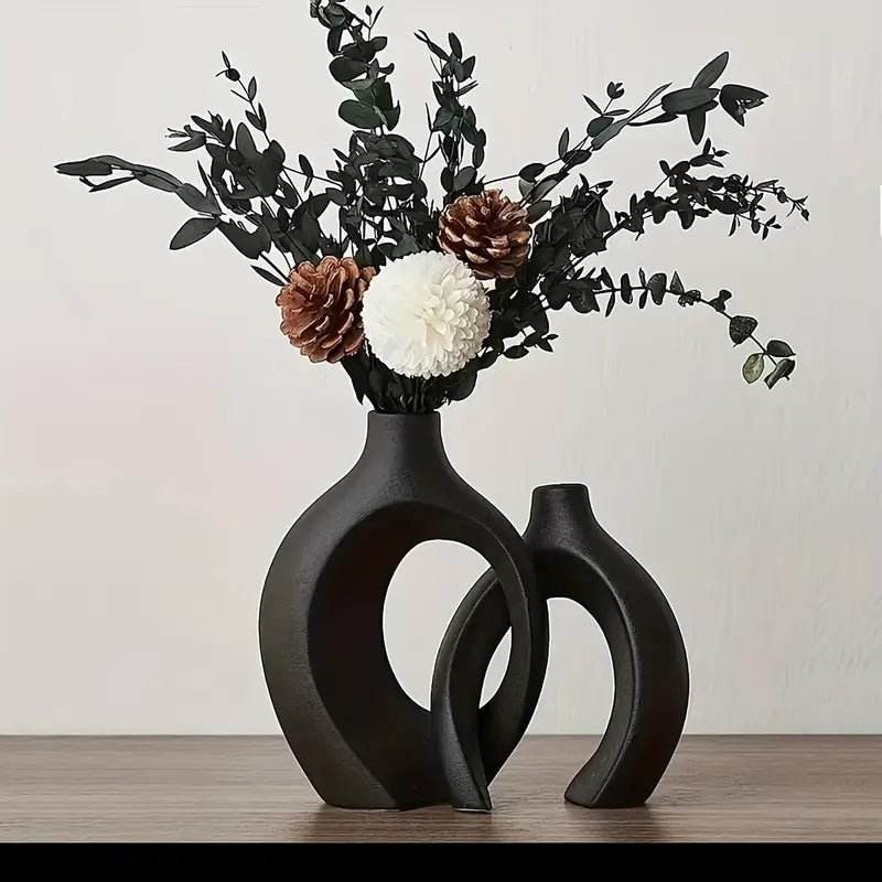 2pcs Boho Style Ceramic Vase Set, Black - Urban Lifestyle Furniture
