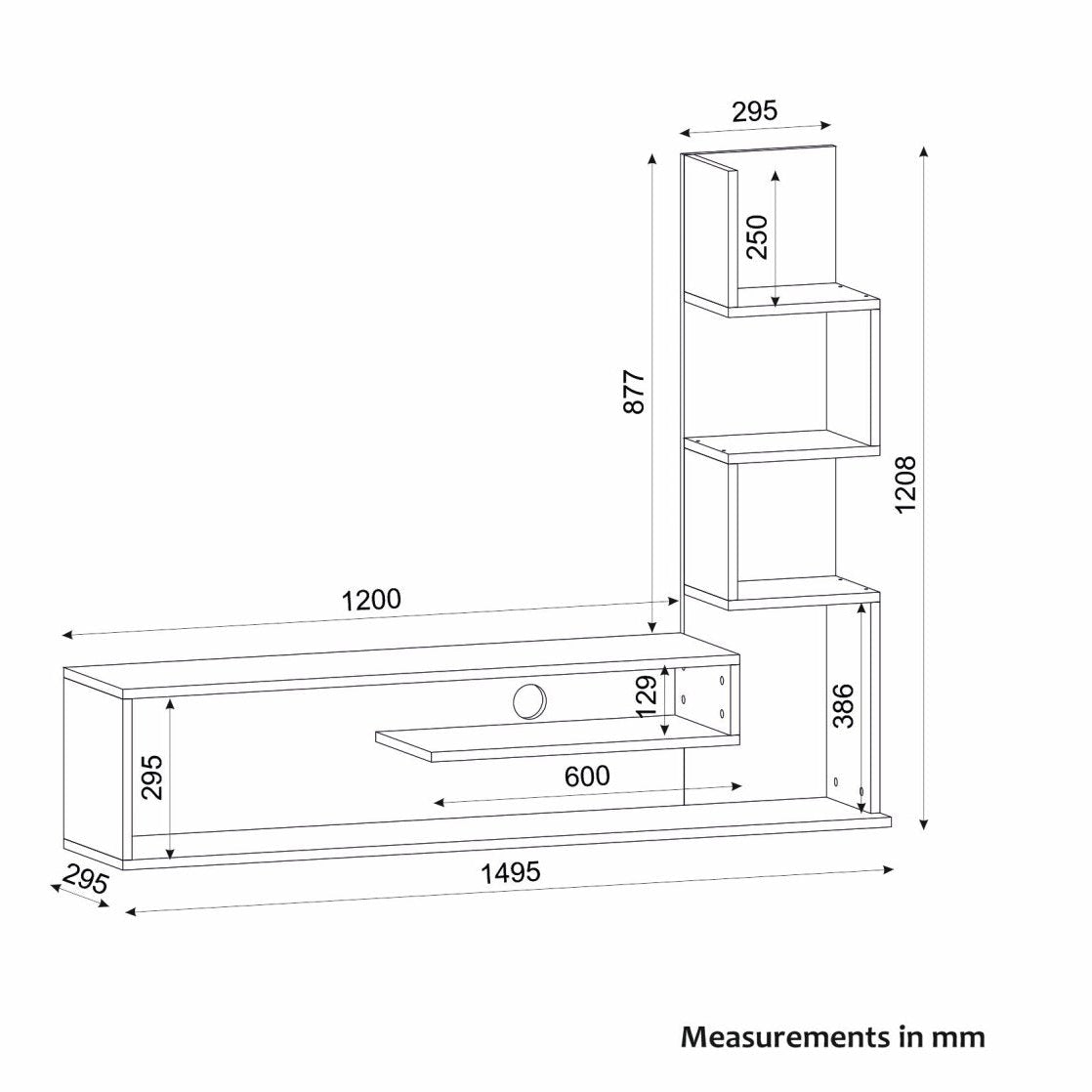 Black and white technical dimension drawing of a wall-mounted shelving unit with measurements in millimeters.
