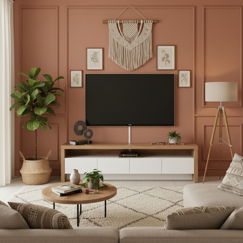 Dantone Tv Unit 200cm. Full view of a living room with terracotta-colored paneled walls, featuring the light wood and white media console with four handleless drawers, beneath a wall-mounted TV. The room is decorated with a beige sofa, round wood coffee table, and a large macrame wall hanging.