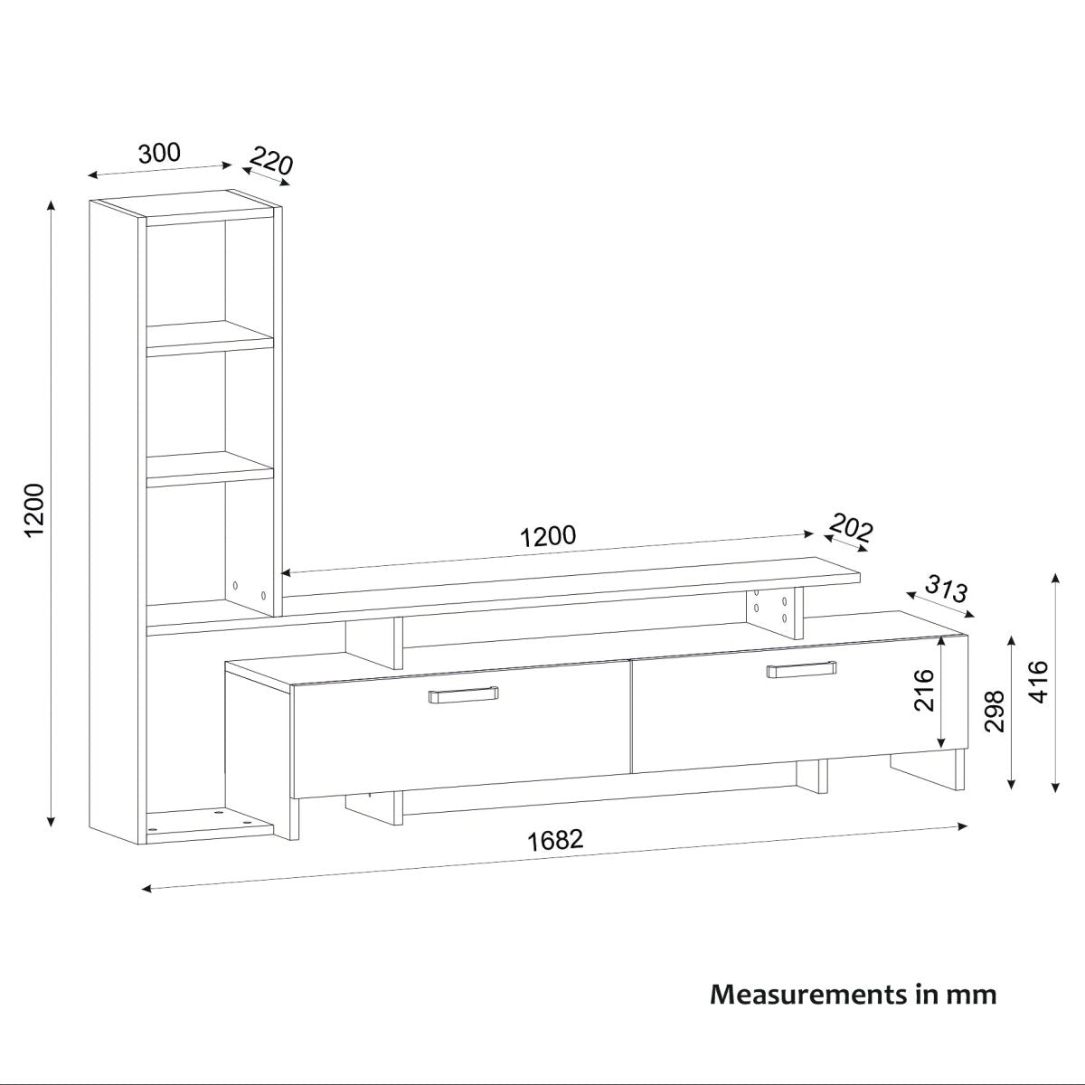 A black and white line drawing showing the dimensions of a shelving unit and media console set, with measurements in millimeters.