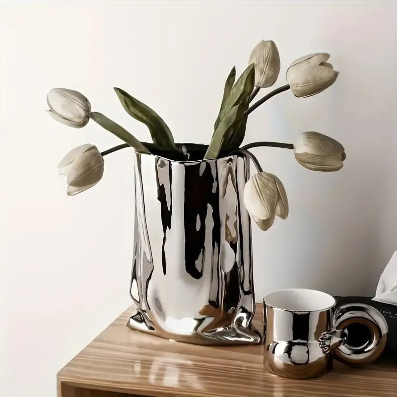 Silver Ceramic Flower Vase - Urban Lifestyle Furniture Trading LLC