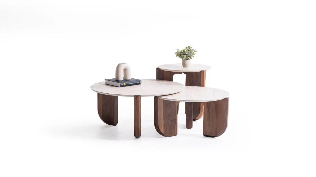 Thorin Walnut Travertine Coffee Table Set Of 3 - Urban Lifestyle Furniture