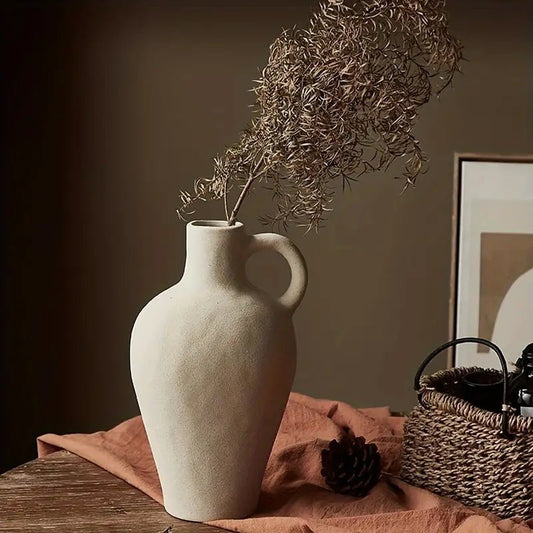 1pc Ceramic Rustic Farmhouse Vase With Handle - Urban Lifestyle Furniture Trading LLC
