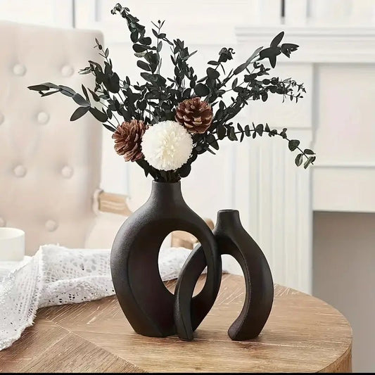 2pcs Boho Style Ceramic Vase Set, Black - Urban Lifestyle Furniture Trading LLC