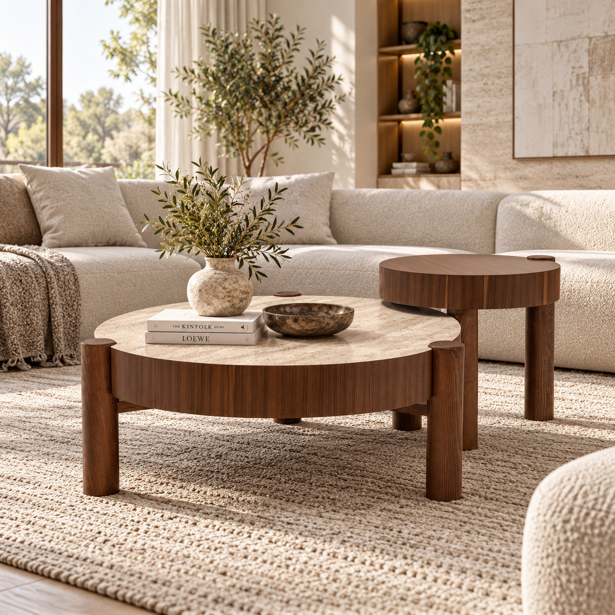 Baron Coffee Table Set Walnut Travertine