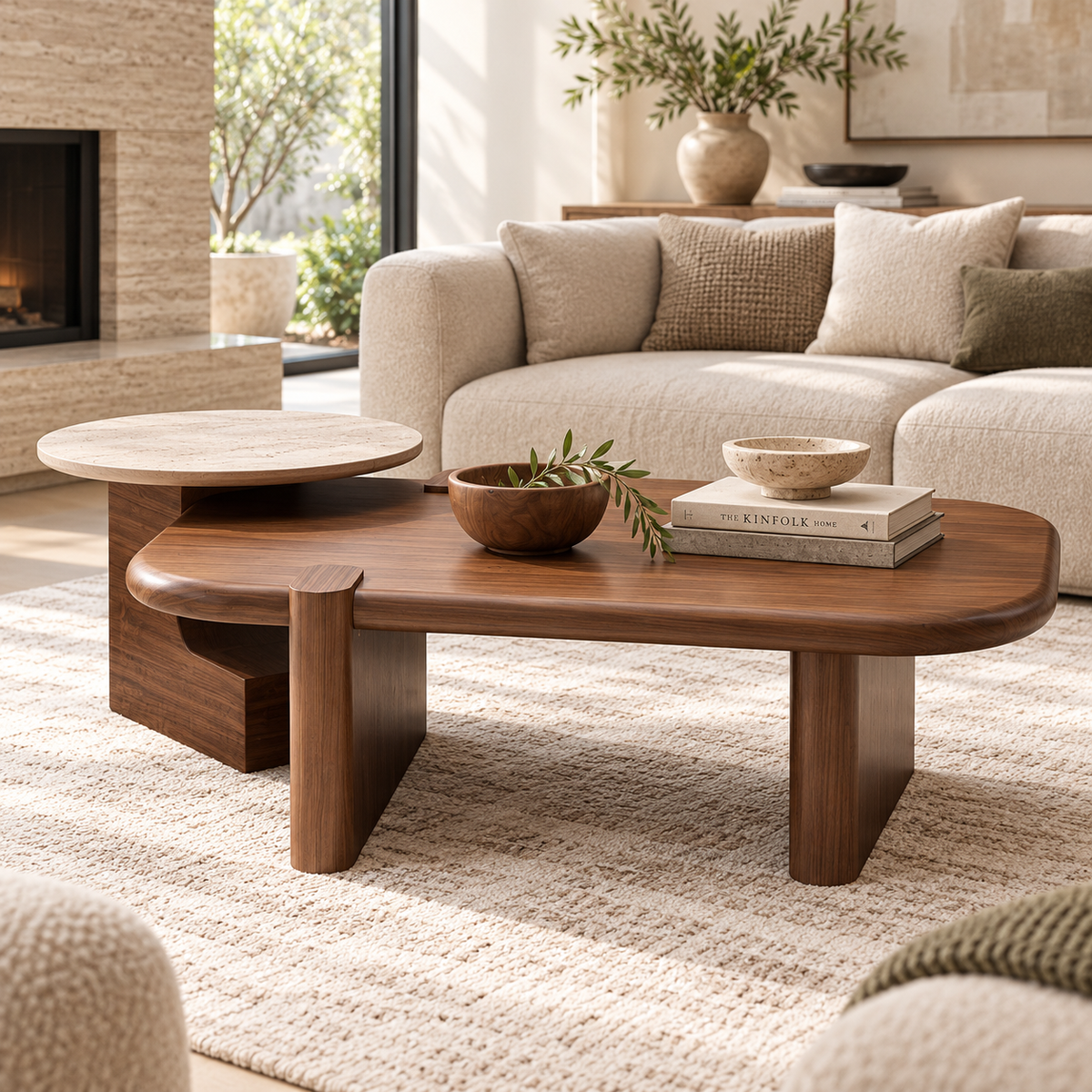 Volo Coffee Table Set Walnut Travertine