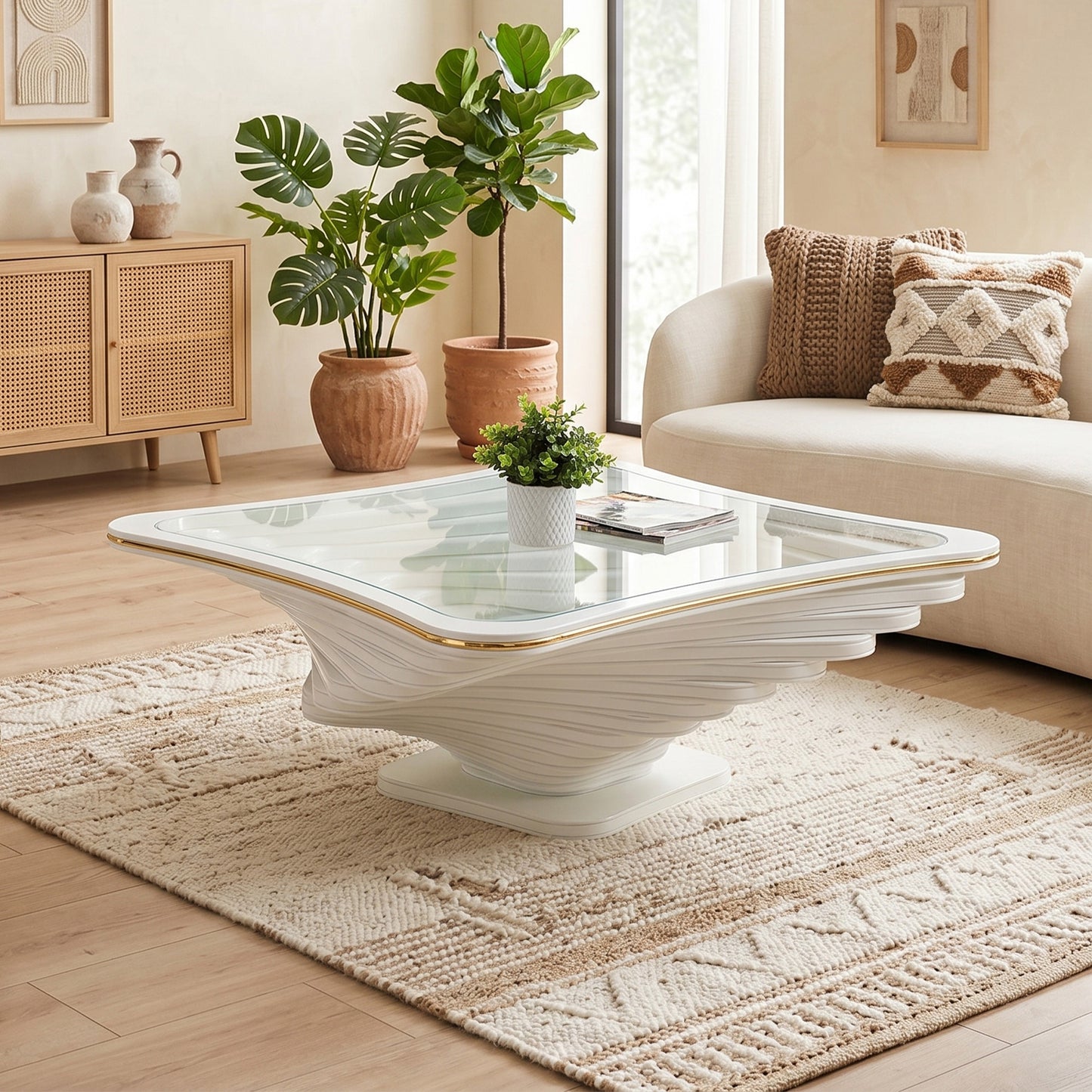 A modern square coffee table with a white sculptural wavy base, clear glass top, and thin gold trim, styled in a bright living room with a sofa, plants, and a woven rug.