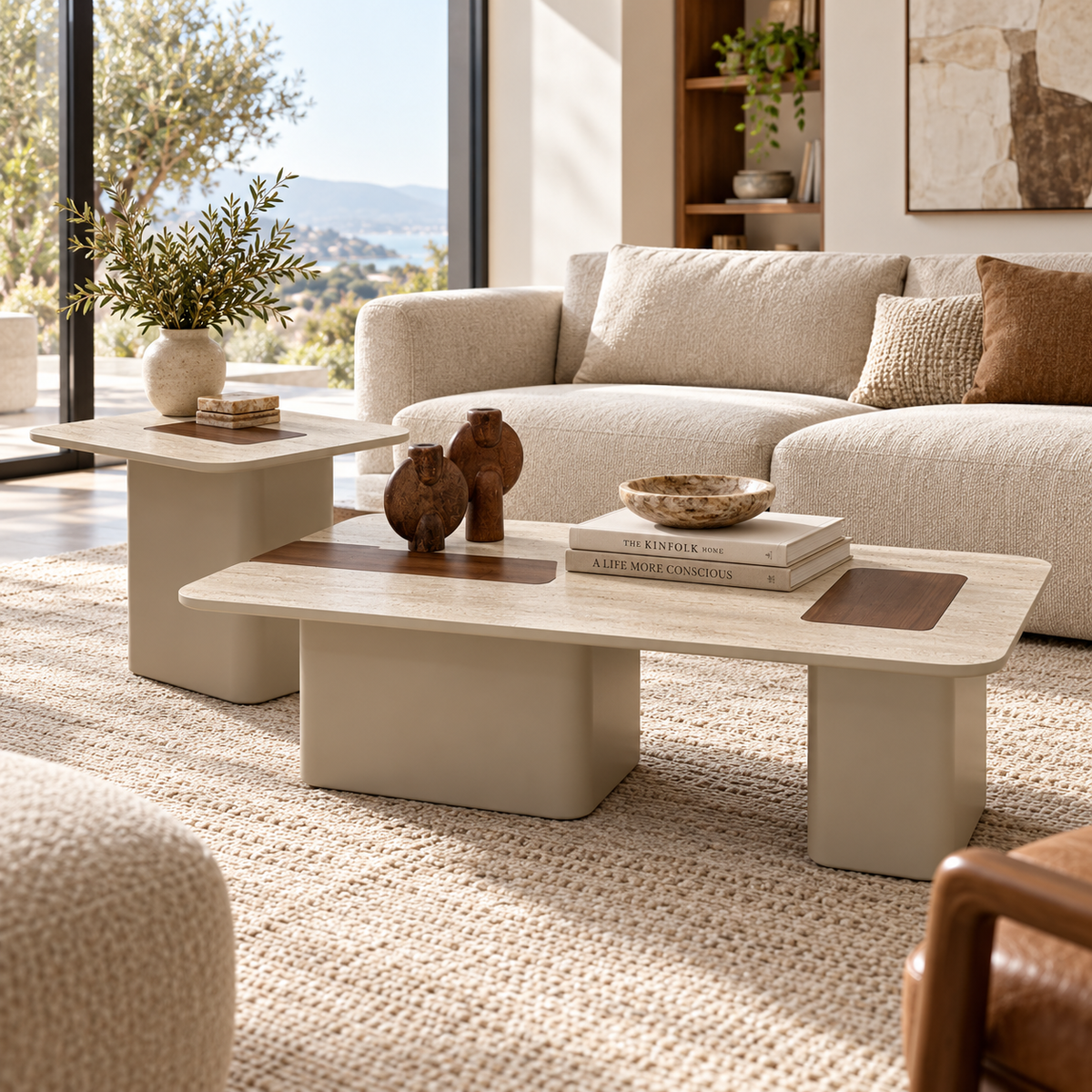Lance Coffee Table Set Travertine Walnut