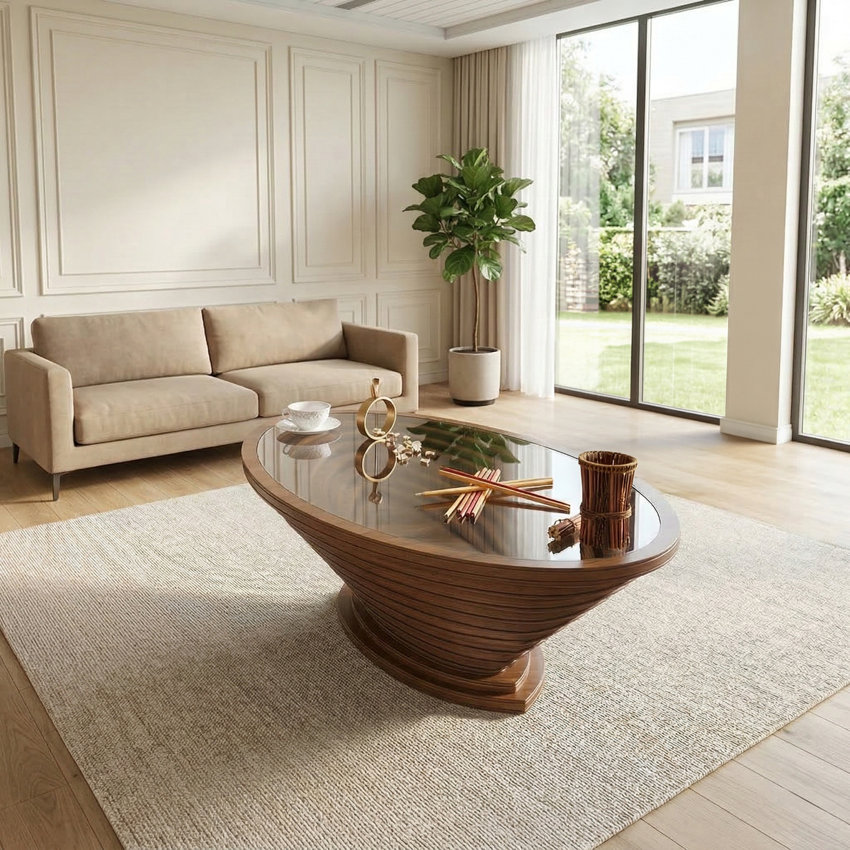 A modern living room scene featuring a distinctive boat-shaped wooden coffee table with a glass top, styled on a textured beige rug. In the background, a light beige fabric sofa sits against a cream paneled wall next to a potted green plant, with large sliding glass doors showing a garden view.