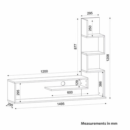 Black and white technical dimension drawing of a wall-mounted shelving unit with measurements in millimeters.