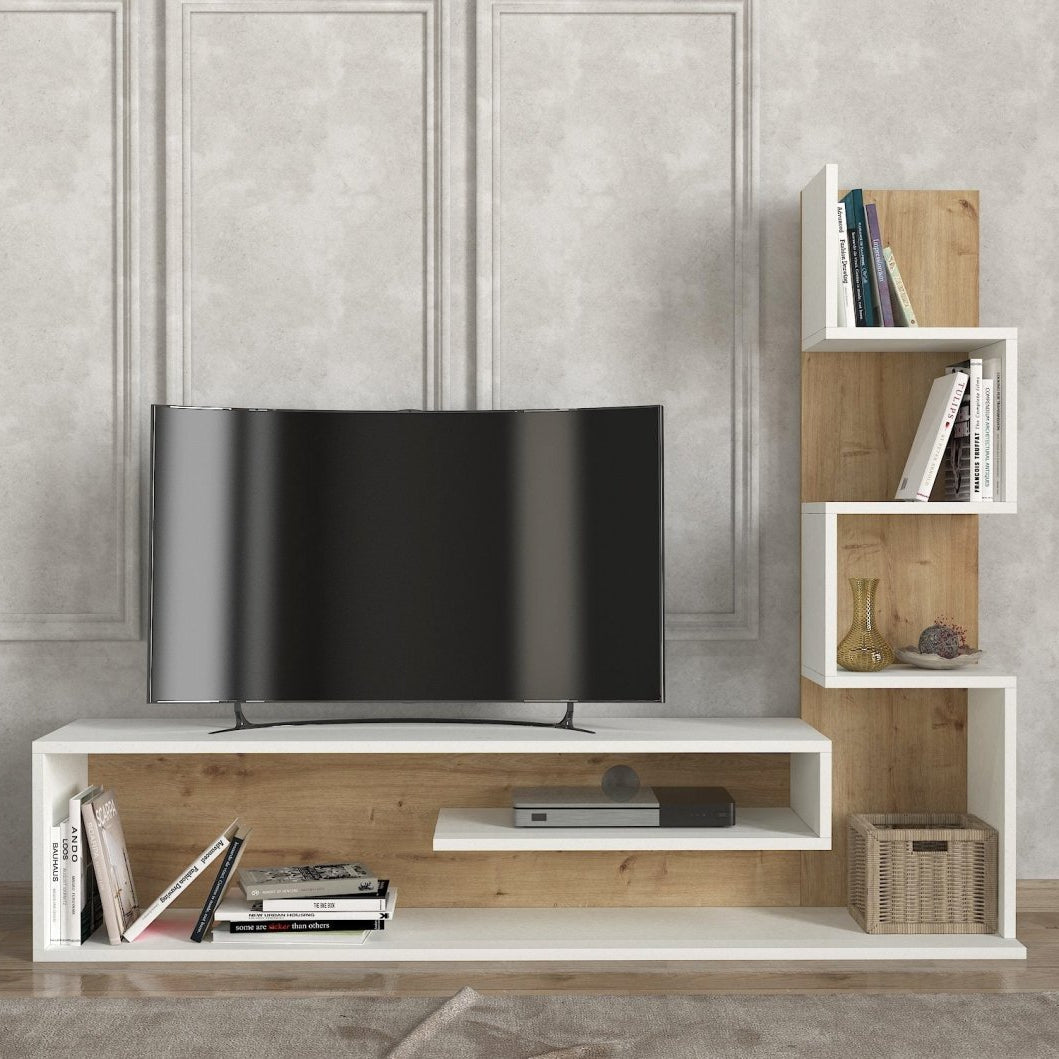 Modern entertainment console with TV and shelves against a gray wall.