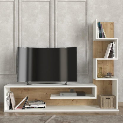 Modern entertainment console with TV and shelves against a gray wall.