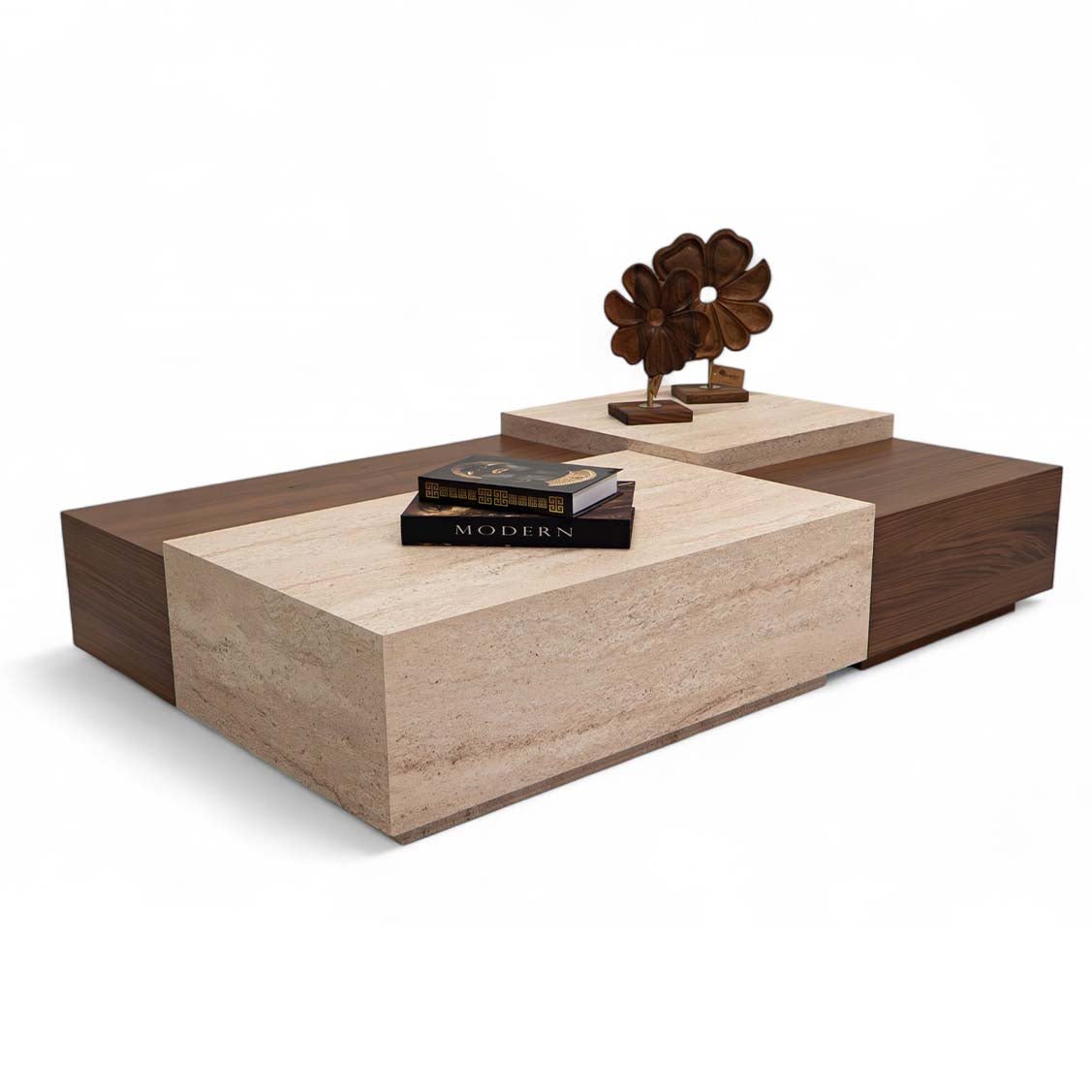 Arles Coffee Table Set Walnut Travertine - Urban Lifestyle General Trading LLC