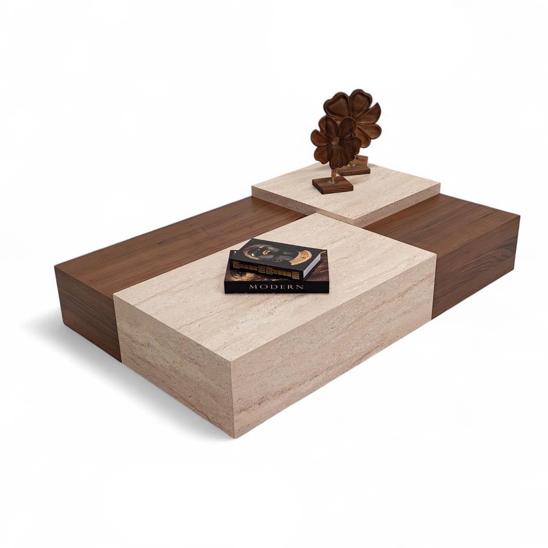 Arles Coffee Table Set Walnut Travertine - Urban Lifestyle General Trading LLC