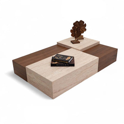 Arles Coffee Table Set Walnut Travertine - Urban Lifestyle General Trading LLC
