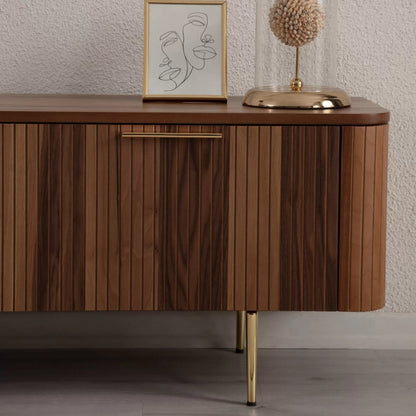 Asta Wooden Fire TV Unit 200cm. Close-up, straight-on view of the side cabinet of the TV unit, featuring rich brown walnut wood with vertical slatted paneling on the door. It includes a sleek brass handle and slender brass legs, highlighting the textured detail and premium materials for a stylish storage solution.