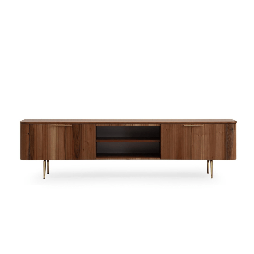 Asta Wooden TV Unit 200cm. Long, rectangular wooden entertainment unit with a rich, dark brown, slatted wood grain finish. Features two side storage cabinets and two open central shelves, supported by slender brass or gold-toned metal legs for a modern, minimalist look.