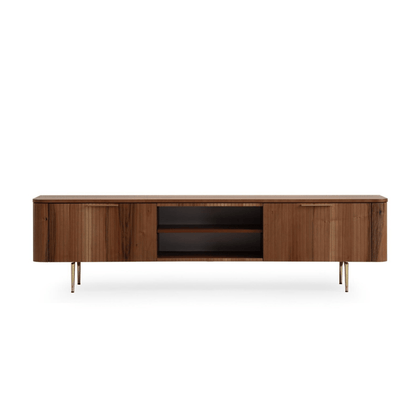 Asta Wooden TV Unit 200cm. Long, rectangular wooden entertainment unit with a rich, dark brown, slatted wood grain finish. Features two side storage cabinets and two open central shelves, supported by slender brass or gold-toned metal legs for a modern, minimalist look.