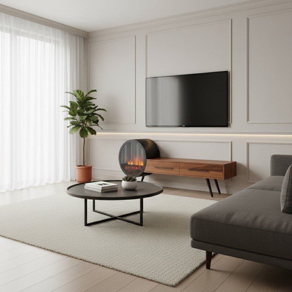 Aura Fireplace Tv Unit Walnut. Full view of a living room showcasing the dark walnut media console with two storage drawers, and a unique circular black frame electric fireplace unit on the left, positioned below a mounted TV on a paneled wall.