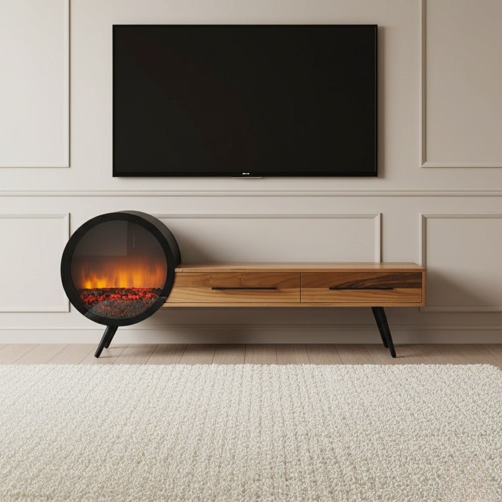 Tribe Wooden Fire TV Unit cream 200cm. Modern wood TV stand featuring a rectangular console with two drawers and a unique circular black electric fireplace unit on the left side, all supported by black angled legs below a mounted television.