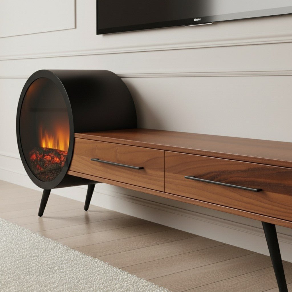 Aura Fireplace Tv Unit Walnut. Close-up detail of the dark walnut media console, highlighting the two storage drawers with black horizontal pull handles, and the round, integrated black electric fireplace with visible flames and log detail on the left end.