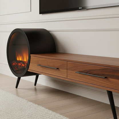 Aura Fireplace Tv Unit Walnut. Close-up detail of the dark walnut media console, highlighting the two storage drawers with black horizontal pull handles, and the round, integrated black electric fireplace with visible flames and log detail on the left end.