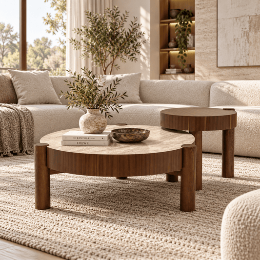 Baron Coffee Table Set Walnut Travertine - Urban Lifestyle General Trading LLC
