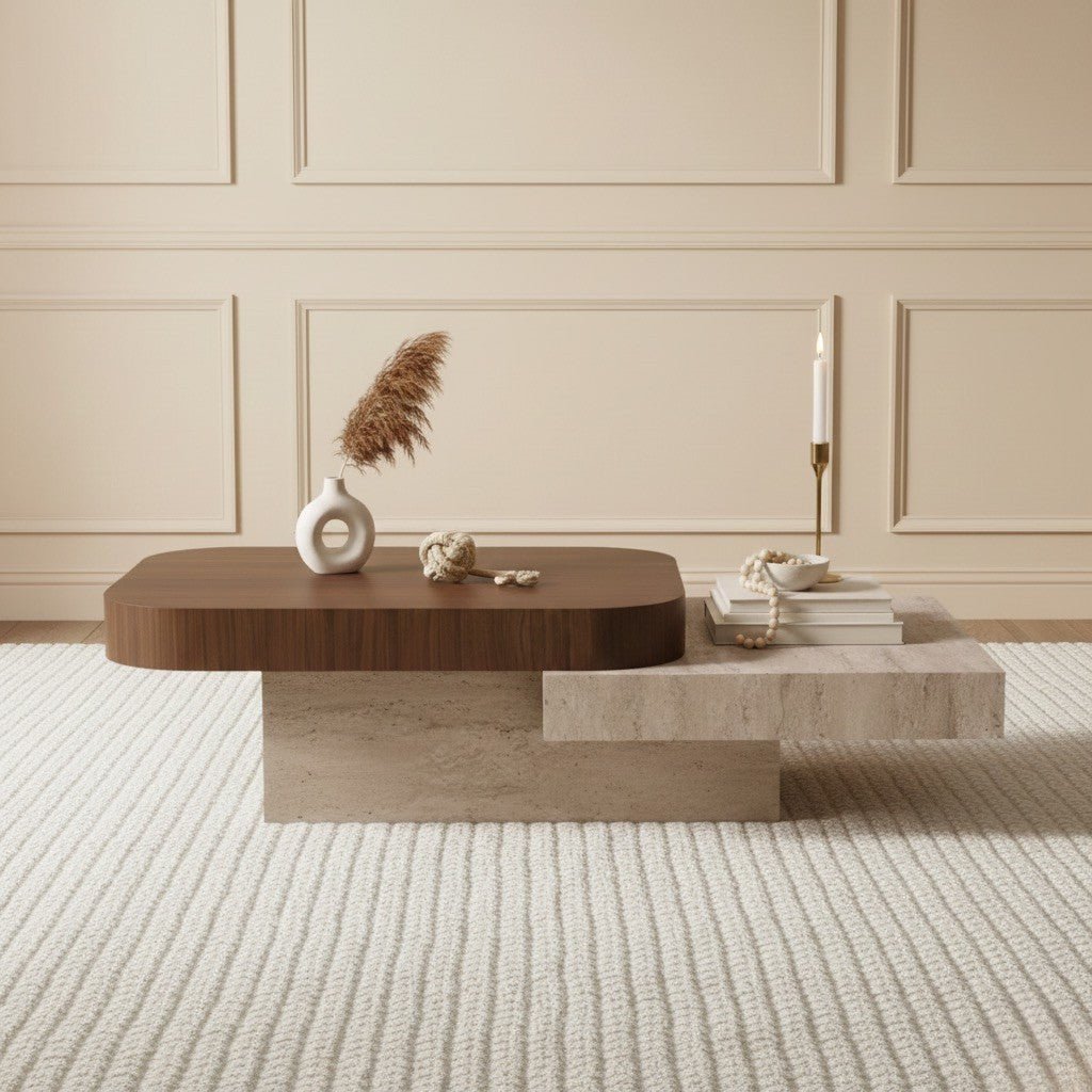 Modern living room with a wooden coffee table and decorative items.