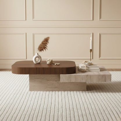 Modern living room with a wooden coffee table and decorative items.