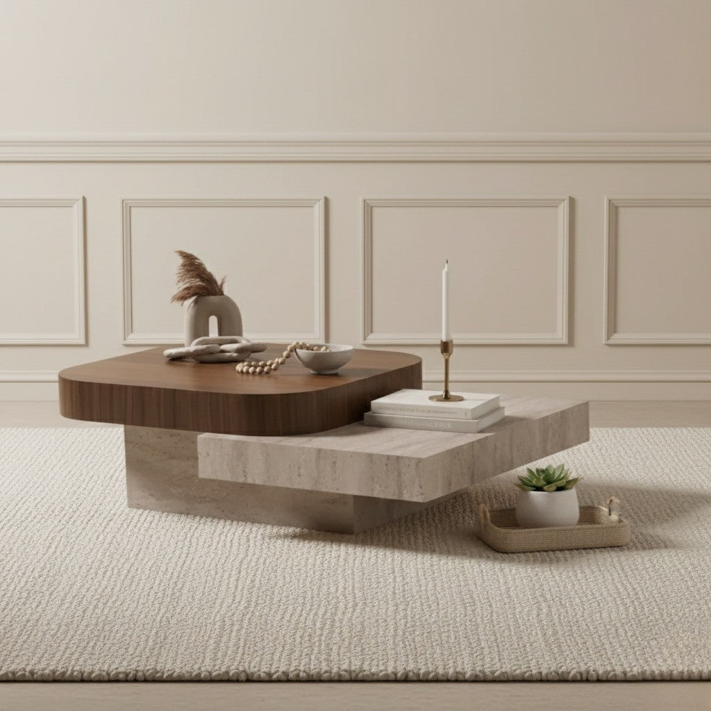 Modern coffee table with decorative items in a stylish room.
