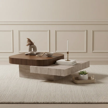 Modern coffee table with decorative items in a stylish room.