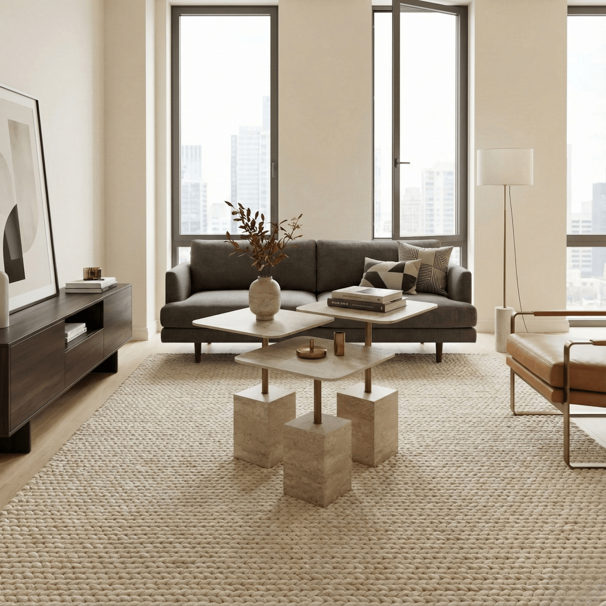 Modern living room with gray sofa, nest of tables, and decorative elements.