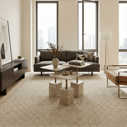 Modern living room with gray sofa, nest of tables, and decorative elements.