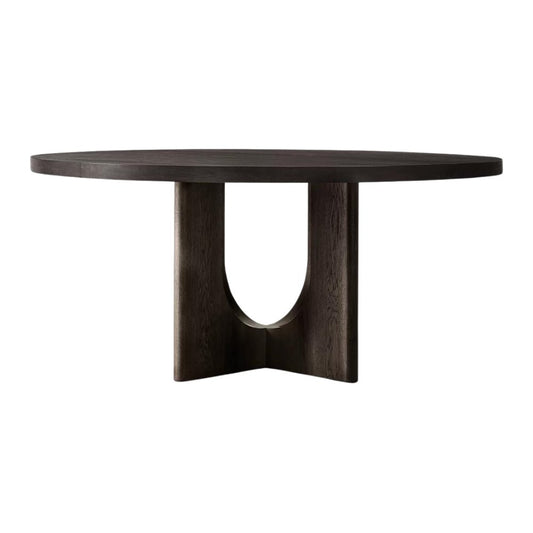 Round black wooden table on a white background