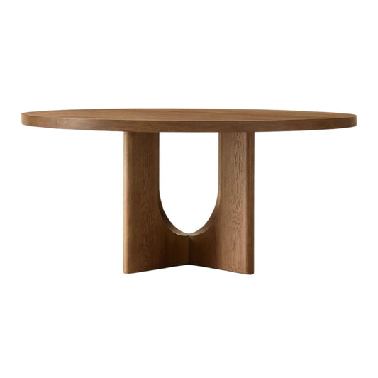 Wooden dining table with unique base design on a white background