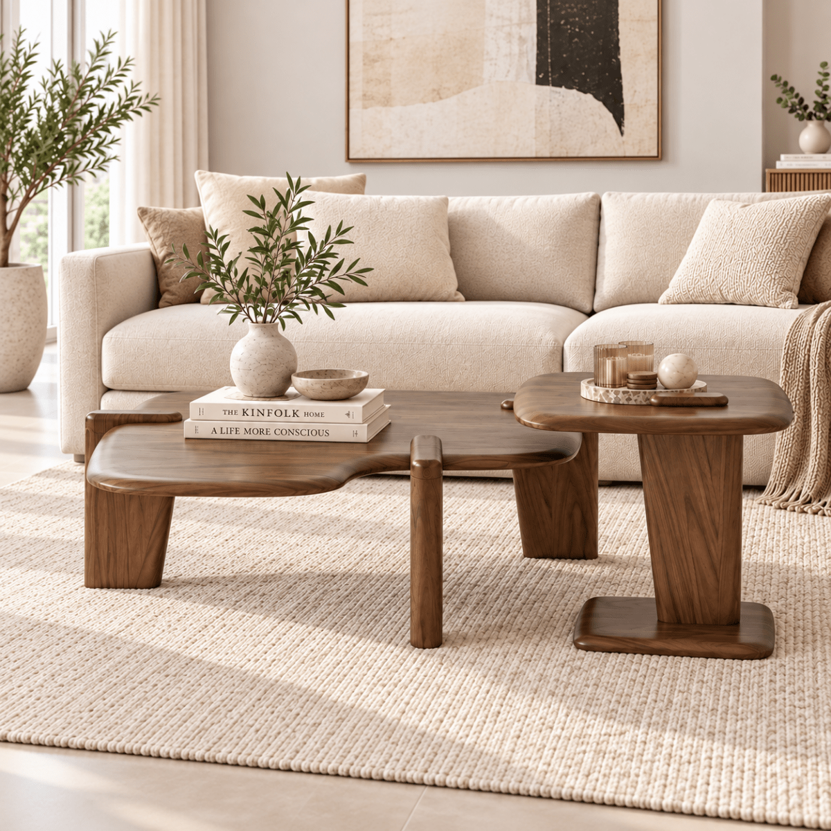 A modern living room scene featuring a dark brown wooden coffee table with an organic wavy silhouette, a matching side table, and a light beige sofa in the background.