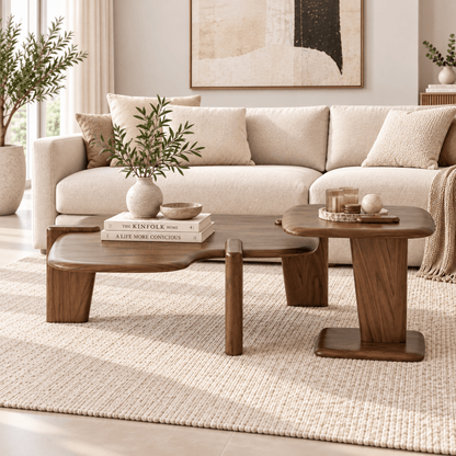 A modern living room scene featuring a dark brown wooden coffee table with an organic wavy silhouette, a matching side table, and a light beige sofa in the background.