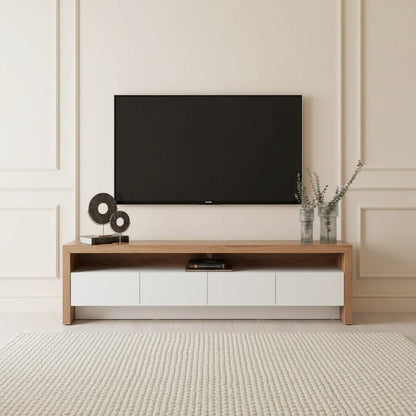 Dantone Tv Unit 200cm. Wide, modern media console featuring a light wood frame and four handleless white storage drawers, with an open center shelf, supported by the thick wood side panels, beneath a wall-mounted TV.