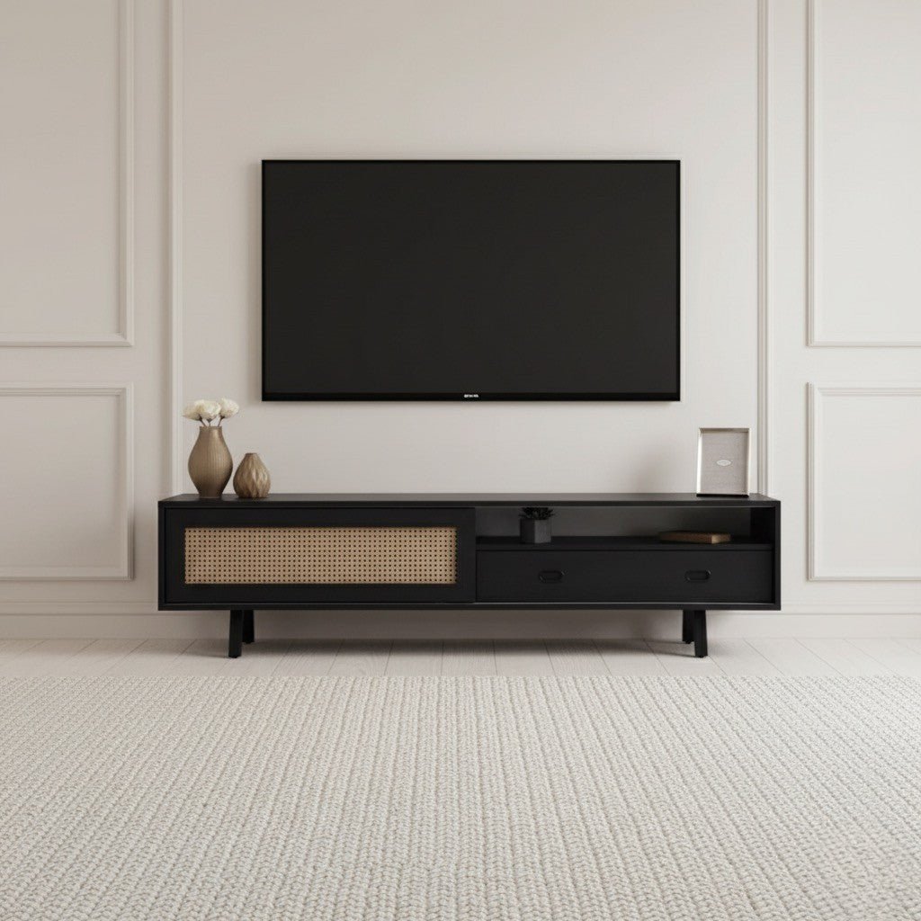 Finn Tv Unit black 200cm. Mid-century modern black media console featuring a printed cane-front sliding cabinet door on the left, two drawers, and an open center shelf, supported by black angled metal legs beneath a wall-mounted TV.