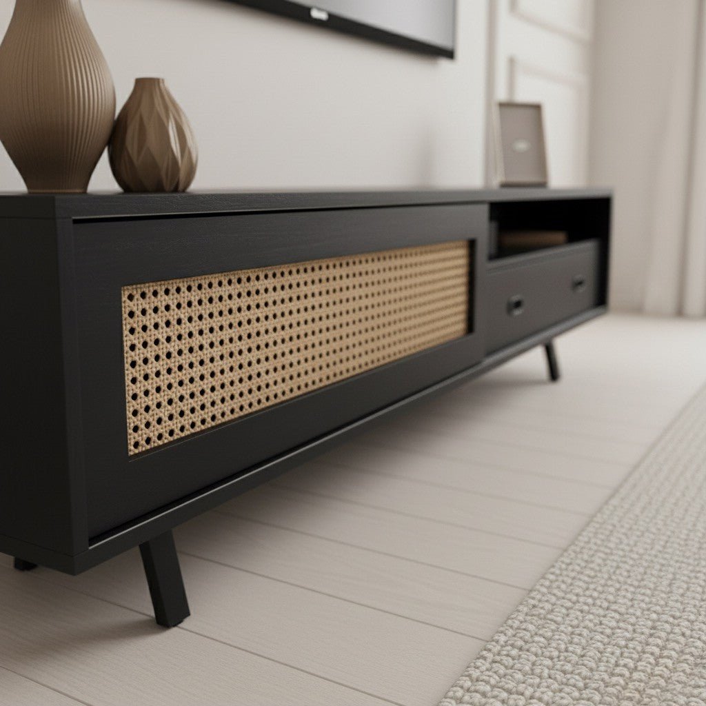 Finn Tv Unit black 200cm. Close-up detail of the black media console, highlighting the contrast of the printed woven rattan/cane-front sliding cabinet door and the black storage drawer with an open shelf, all supported by black angled legs.
