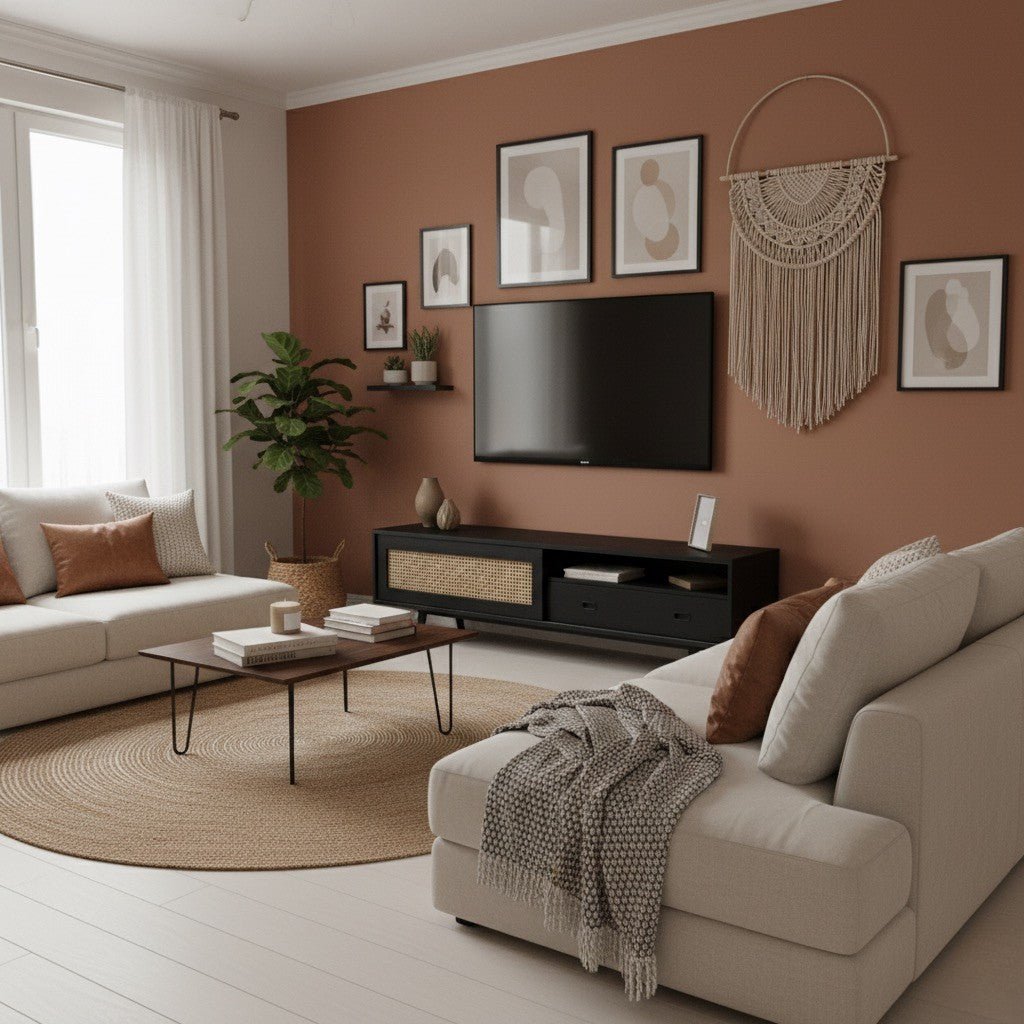 Finn Tv Unit black 200cm. Full view of a modern living room with warm terracotta walls, featuring the black media console with printed cane-front cabinet, drawer, and open shelving, positioned beneath a wall-mounted TV in a gallery wall arrangement. The room includes beige sofas, a wood coffee table, and a macrame wall hanging.