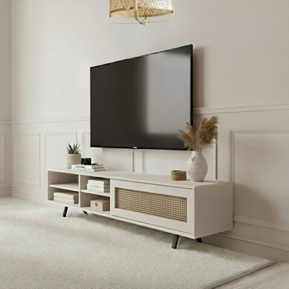 Finn Tv Unit Cream 200cm. Close-up detail of the cream media console, highlighting the smooth cabinet front, sliding door mechanism, and the open shelves, supported by black angled legs.