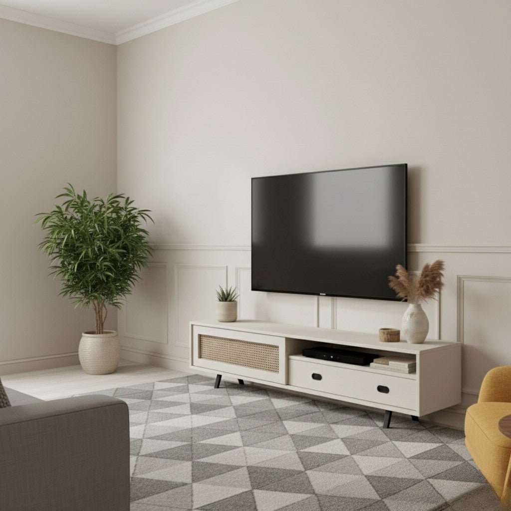 Finn Tv Unit Cream 200cm. Full view of a neutral-toned living room featuring the cream media console with a printed cane-front cabinet, two drawers with black handles, and open shelving, positioned beneath a wall-mounted TV over a patterned geometric rug.