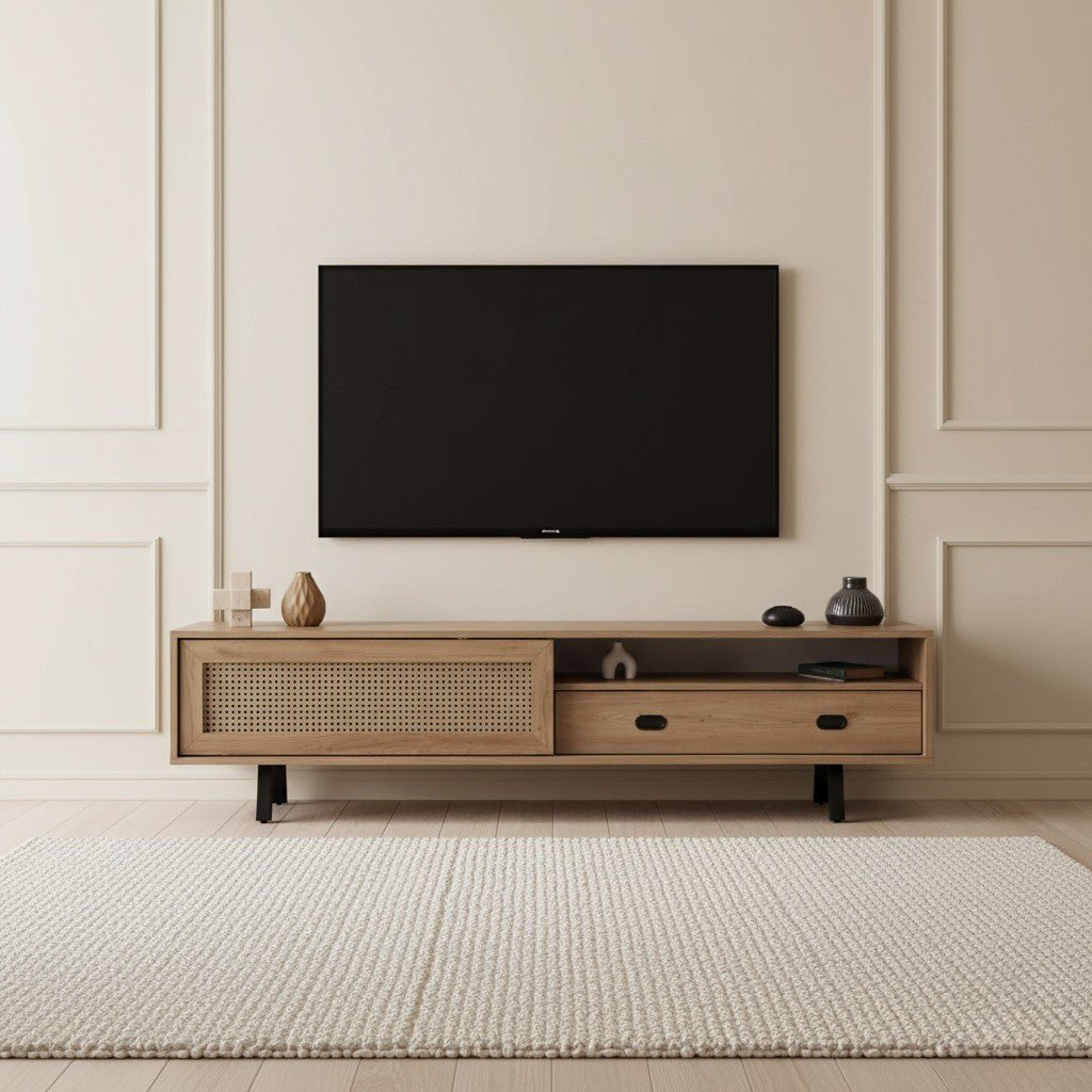 Finn Tv Unit Oak 200cm. Mid-century modern oak media console featuring a faux cane-front sliding cabinet door on the left, two drawers with black handles on the right, and an open center shelf, supported by black angled metal legs beneath a wall-mounted TV.