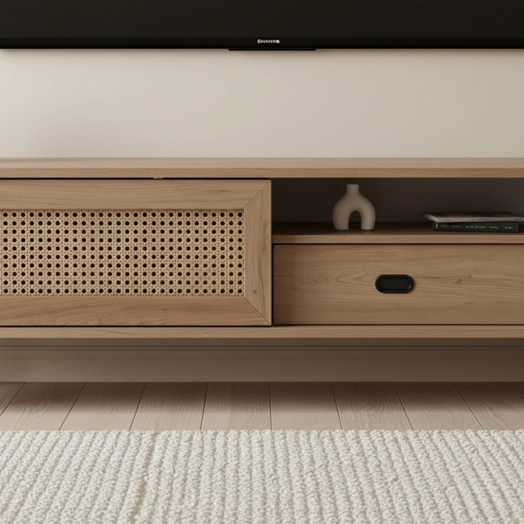 Finn Tv Unit Oak 200cm. Close-up detail of the light oak media console, showing the faux woven cane-front sliding cabinet door on the left and the storage drawer with a recessed black oval pull handle and open shelf on the right.