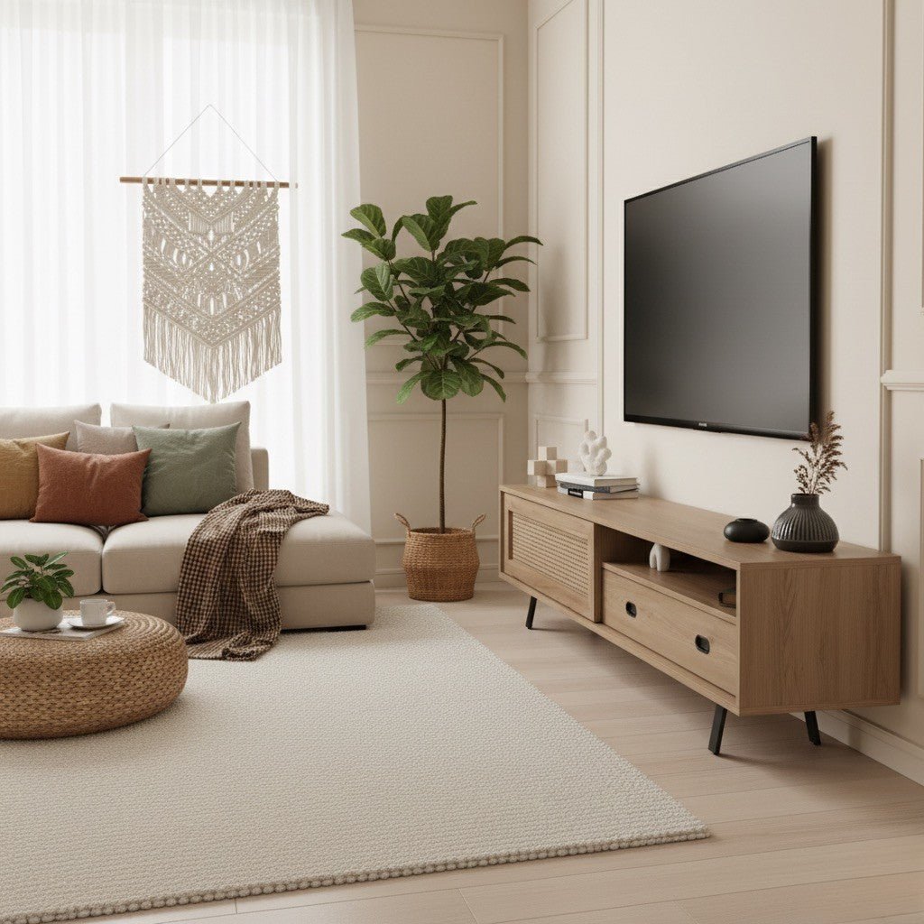 Finn Tv Unit Oak 200cm. Full view of a modern living room featuring the oak media console with a faux cane-front cabinet and drawers, open shelving, and black angled legs, beneath a wall-mounted TV. The room is styled with a cream sofa, woven pouf, and macrame wall hanging.