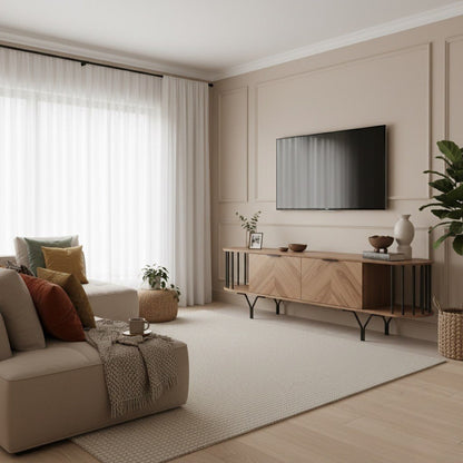 Foster TV Unit 200cm. Wooden TV unit shown in a cozy, bright living room setting beneath a wall-mounted TV. The unit features two central cabinets with modern chevron-patterned doors, open shelving on the sides, and black metal accents and legs, providing stylish media storage that enhances a contemporary, minimalist space.