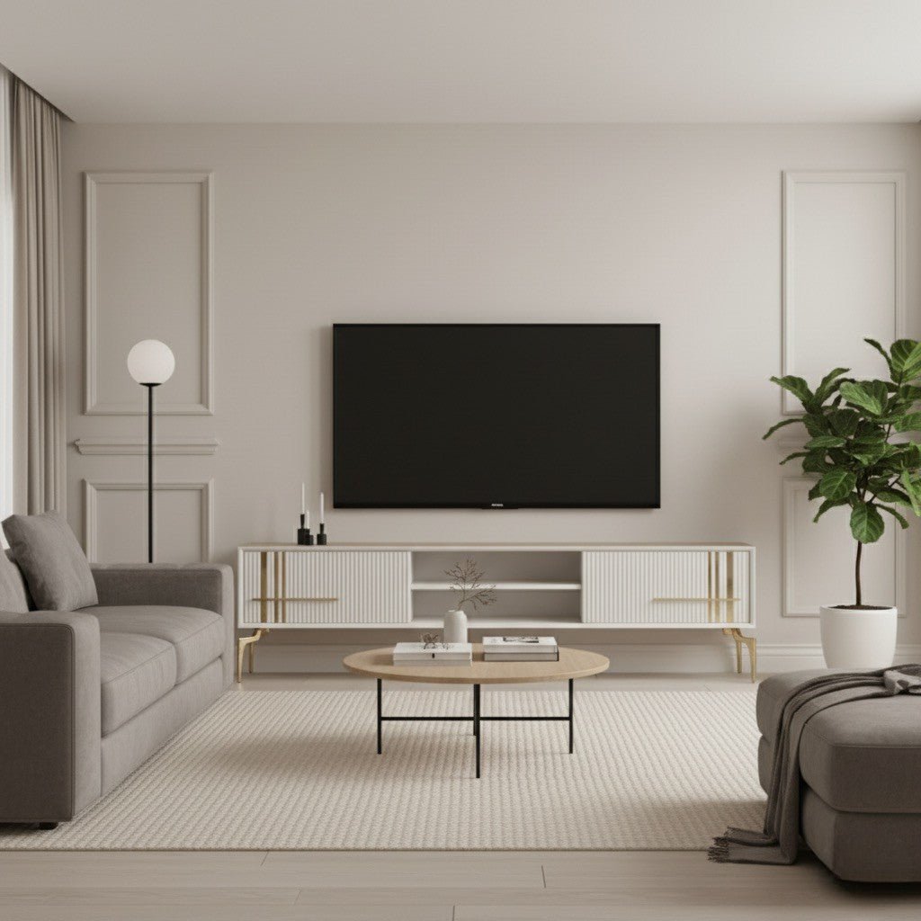 Lincoln Wooden Tv Unit cream 200cm. Full view of a minimal living room featuring the wide cream media console with ribbed cabinets, gold linear accents and handles, and gold angled legs, positioned beneath a wall-mounted TV between a grey sofa and a potted plant.
